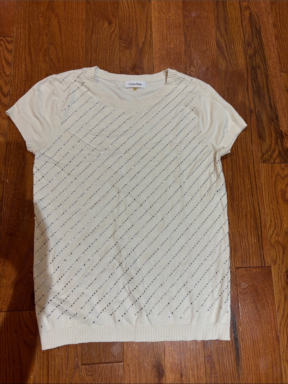 Calvin Klein Cream Short-Sleeve Knit Top with Diagonal Metallic Detail